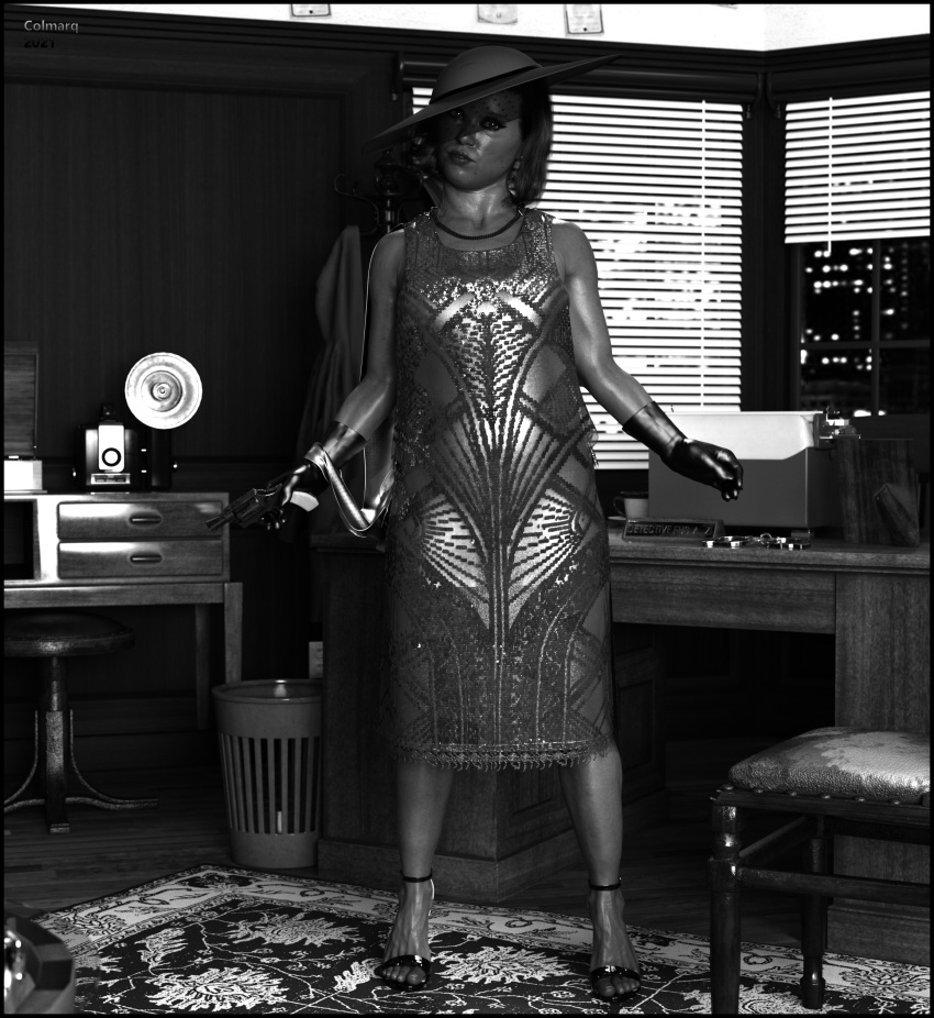 1girls 3d clothed clothing colmarq dark-skinned_female dark_skin dress female female_only greyscale hat high_heels pinup slushe_(website) solo solo_female