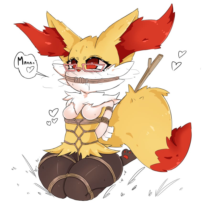 akatosh anthro bondage bound bound_wrists braixen eyewear female glasses hands_behind_back heart hi_res kneeling nintendo pokémon_(species) pokemon pokemon_(species) pupils restraints rope rope_bondage rope_harness solo unusual_pupils video_games