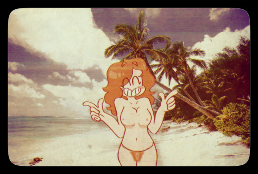 1girls 2d 5_fingers beach belly breasts casual female hair human pale_skin penny_(snapcube) penny_olivia_parker posing pubic_hair red red_hair snapcube solo tagme vagina youtuber_girl