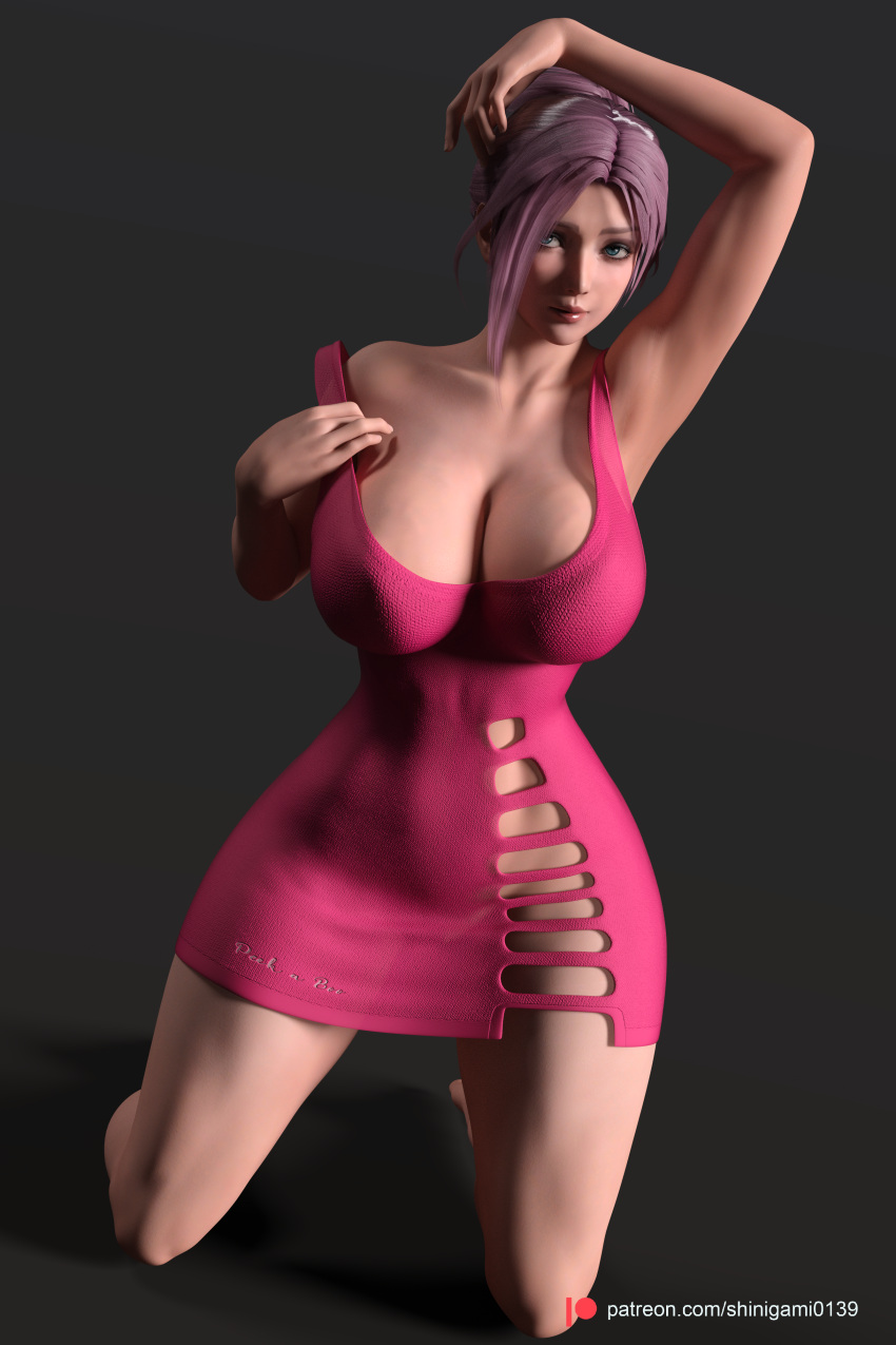 3d blue_eyes dead_or_alive dead_or_alive_xtreme_venus_vacation elise_(doa) female female_only kneeling looking_at_viewer pink_dress pink_hair pose shinigami0139 solo solo_female