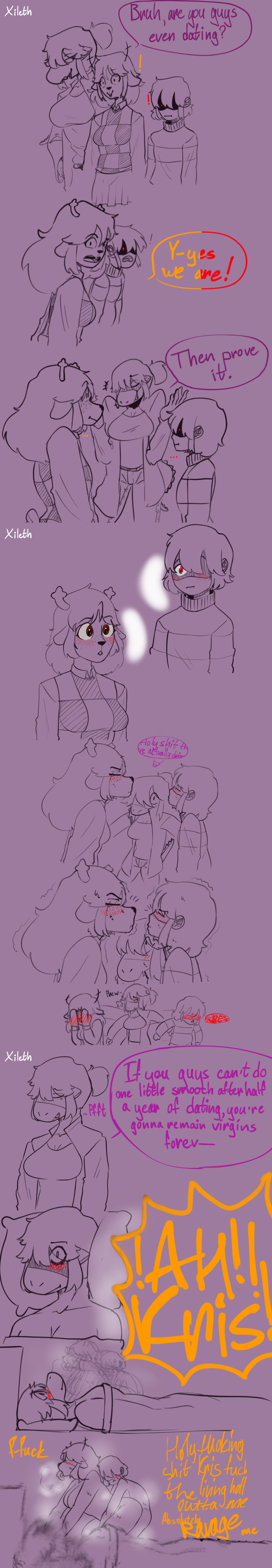 1boy 2girls anthro blush comic cuckquean deltarune english_text female furry human kris_(deltarune) large_breasts male male_human/female_anthro medium_breasts noelle_holiday red_eyes reindeer reindeer_antlers scalie short_ponytail skirt smaller_male susie_(deltarune) tagme taller_female taller_girl text voyeur voyeurism zytkal