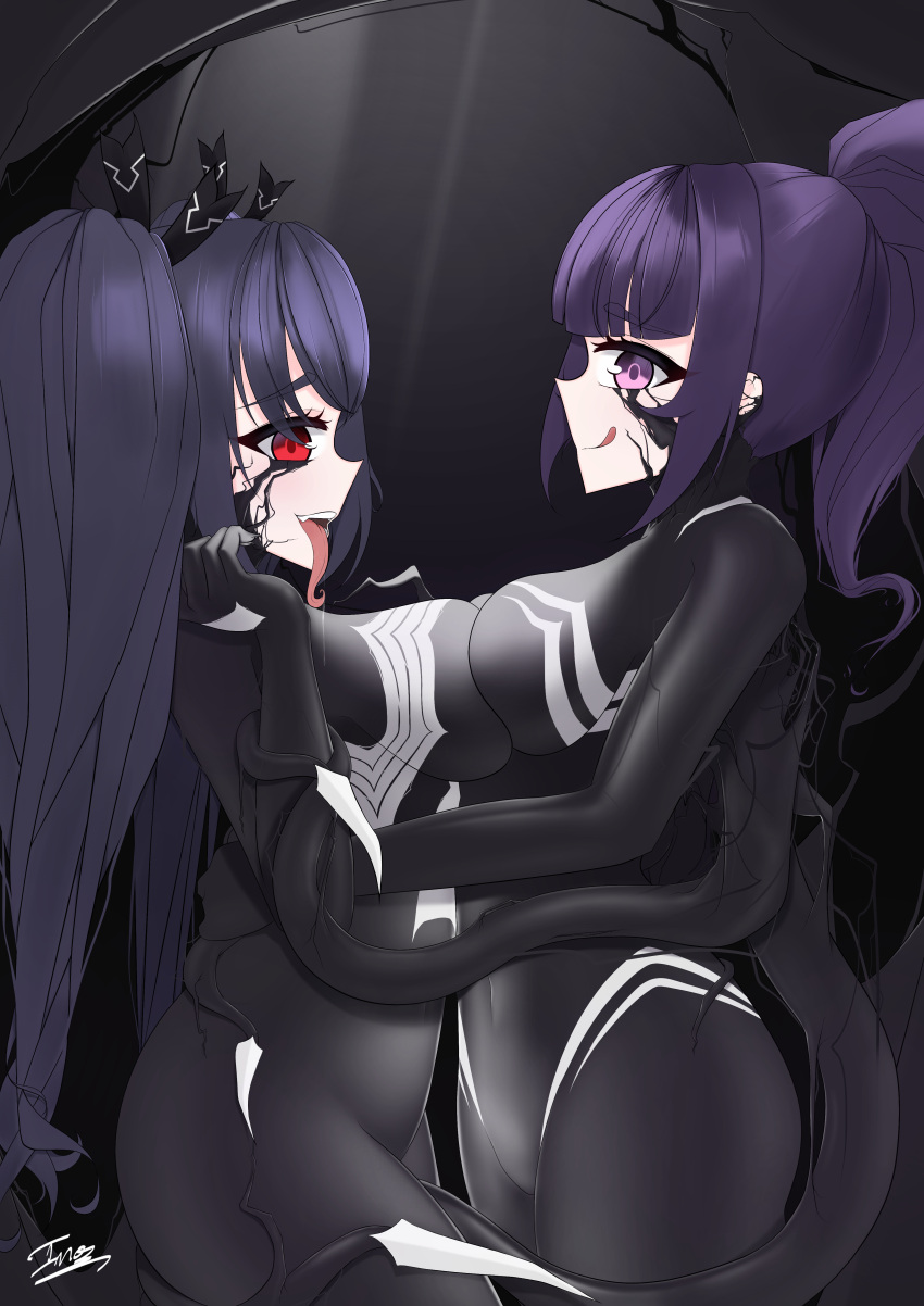 2girls ahe_gao big_breasts black_hair bodysuit corruption female hug inou inou_(artist) inou_radiant latex latex_gloves latex_suit looking_at_viewer marvel marvel_comics neptunia_(series) noire original_character pink_eyes purple_hair shiny spider-man_(series) symbiote tagme tentacle tongue_out venom venom_(marvel)