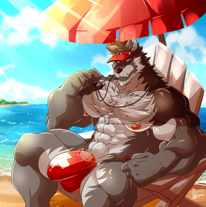 2020 5_fingers absurd_res anthro barazoku beach beach_umbrella big_muscles black_nose bulge canid canine canis chest_tuft clothed clothing daikitei enigma_(daltenigma) fingers fur genitals grey_body grey_fur hat headgear headwear hi_res huge_muscles humanoid_hands lifeguard looking_at_viewer male male_focus male_only mammal muscular muscular_anthro muscular_male nipples penis penis_base pink_nipples pink_penis seaside sitting solo solo_male speedo swimwear topless tuft vein veiny_penis visor_cap water whistle wolf yellow_eyes