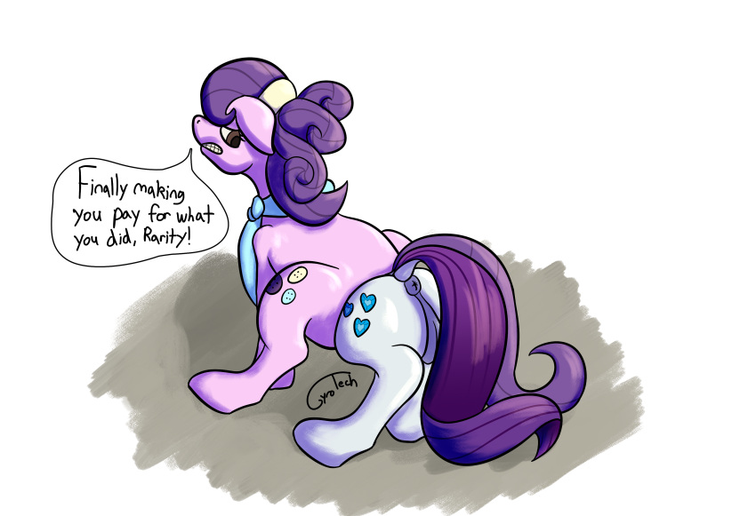 absurd_res accessory anal anal_vore anus charity_kindheart_(mlp) dialogue feral friendship_is_magic genitals gyrotech hair_accessory hi_res hooves mane my_little_pony pink_body purple_body pussy rarity_(mlp) suri_polomare_(mlp) vore white_body