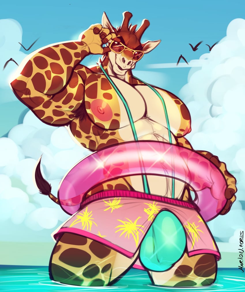 absurd_res anthro armpit_hair big_pecs blue_mankini body_hair bottomwear brutus_(character) bulge clothing cloud eyewear giraffe giraffid green_mankini hi_res inflatable inner_tube male mammal mankini marlon.cores muscular muscular_anthro muscular_male nipples original original_character outside partially_submerged pecs sea shorts sky solo solo_male spots spotted_body sunglasses water