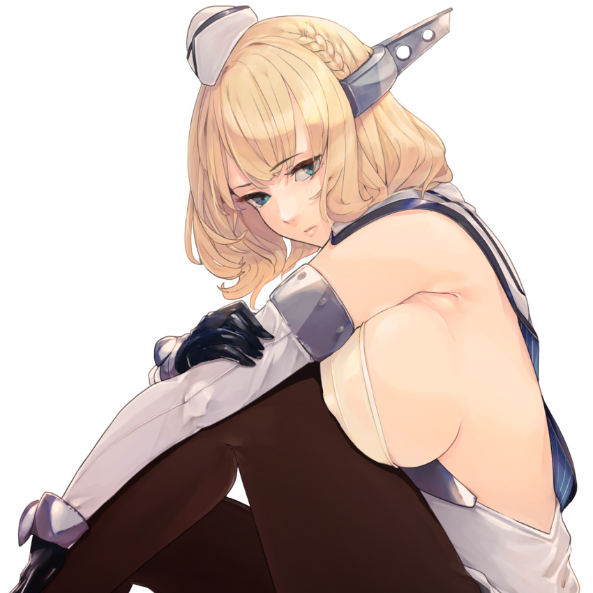 bangs bare_shoulders big_breasts black_gloves black_legwear blonde_hair blue_eyes braid breast_squish colorado_(kantai_collection) detached_sleeves female female_only fuwafuwatoufu gloves headgear headwear kantai_collection looking_at_viewer military_hat no_bra pantyhose sideboob sleeveless_shirt solo wavy_hair