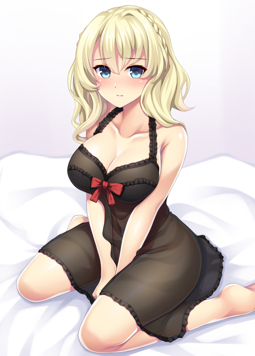 bangs barefoot big_breasts black_dress blonde_hair blue_eyes blush braid cleavage colorado_(kantai_collection) eastern_style female female_only hi_res kantai_collection looking_at_viewer negligee night_dress nightgown no_panties on_bed ruin_re_birth see-through_clothing sitting solo wavy_hair