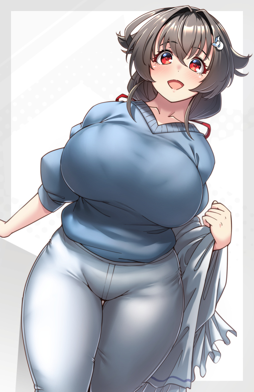 alternate_costume bangs big_breasts blush curvaceous curvy dark_hair eastern_style female female_only fully_clothed hair_flaps hairclip huge_breasts jingei_(kantai_collection) kantai_collection looking_at_viewer open_mouth red_eyes ryuun_(stiil) smile solo sweater thick_thighs tied_hair tight_clothing wide_hips