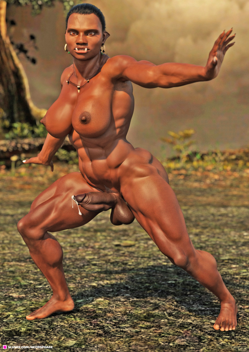 1girls 3d abs black_hair cum dark-skinned_futanari dark_skin depth_of_field earrings extreme_muscles fantasy futa_only futanari handsfree_ejaculation hoop_earrings huge_breasts looking_at_viewer muscular muscular_female necklace necrophage nude nude_futanari orc orc_futanari outdoor outdoor_nudity outdoors outside pinup pubic_hair red_eyes slushe_(website) solo standing tusks