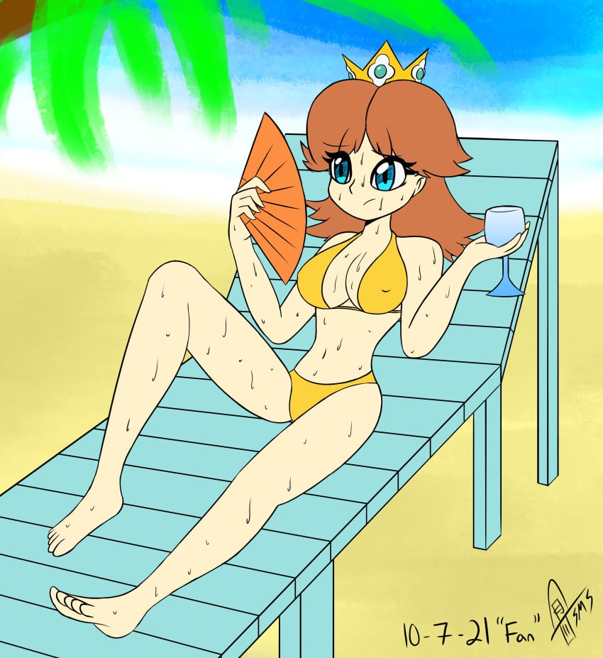 1girls 2021 beach big_eyes bikini blue_eyes breasts brown_hair cleavage crown drink fan female female_only full_body heat laying_down legs lying mario_(series) nintendo nipple_bulge on_back outdoors princess princess_daisy solo supermoonshroom sweat swimsuit two_piece_swimsuit video_games watermark wine_glass yellow_bikini