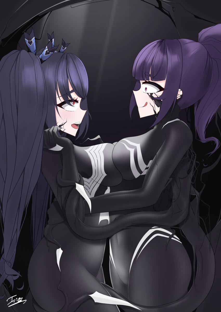 big_breasts black_hair bodysuit corruption forced hug inou inou_(artist) inou_radiant latex latex_gloves latex_suit marvel marvel_comics neptunia_(series) noire original_character pink_eyes purple_hair shiny spider-man_(series) symbiote tagme tentacle venom venom_(marvel)