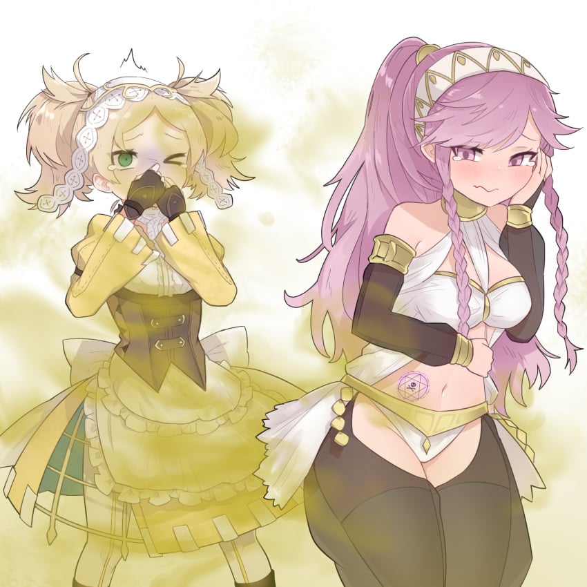 13o 2girls blonde_hair blush clothed clothing curse embarrassed fart fart_cloud fart_fetish farting female female_only fire_emblem fire_emblem_awakening gassy green_eyes lissa_(fire_emblem) long_hair magic navel nintendo olivia_(fire_emblem) pink_eyes pink_hair smell smelly stinky tears