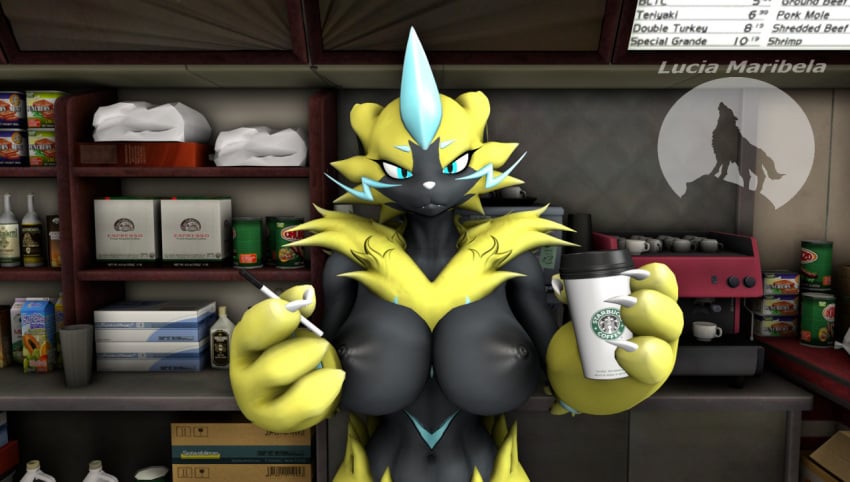 2021 3d_(artwork) anthro anthro_only big_breasts blue_body blue_eyes blue_fur bottle box breasts cafeteria claws coffee_cup coffee_machine coffee_shop container cup digital_media_(artwork) domestic_cat felid feline felis female food fur furniture furry_only glass grey_body grey_fur iced_latte_with_breast_milk legendary_pokémon looking_at_viewer luciamaribela mammal markings meme multicolored_body multicolored_fur nintendo nipples nude pencil_(object) pokémon_(species) pokemon shelf signature solo starbucks text tin_can video_games yellow_body yellow_fur zeraora