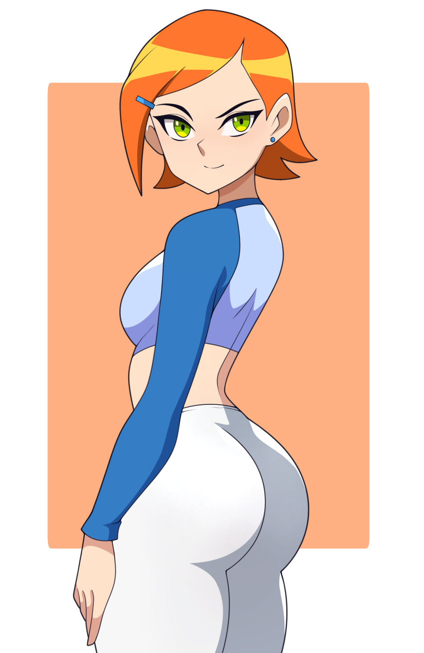 1girls abysswatchers ass ben_10 big_ass breasts cartoon_network clothed clothed_female clothes clothing eye_contact female female_only fully_clothed green_eyes gwen_tennyson looking_at_viewer orange_hair short_hair solo standing thick_thighs thighs tight_clothing tight_pants