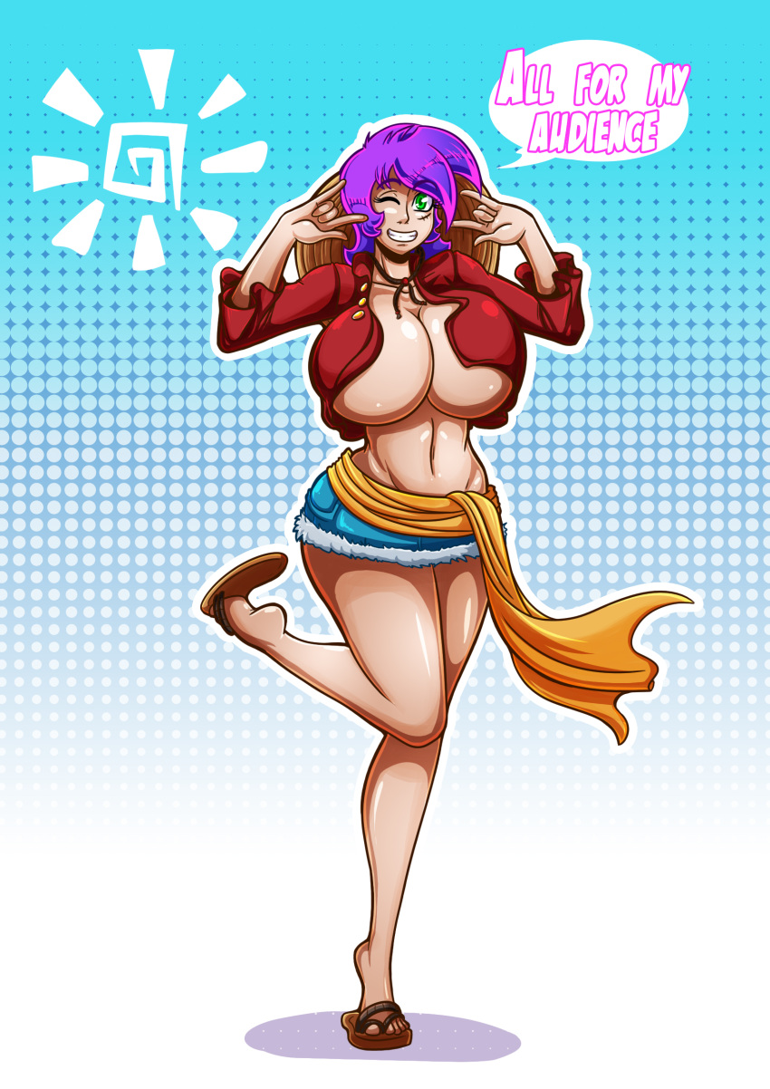 1girls big_ass big_breasts booty_shorts female female_only green_eyes huge_breasts kogeikun monkey_d_luffy_(cosplay) one_eye_closed one_piece open_clothes purple_hair sandals scar scarf small_waist smile solo thick_thighs wendolin