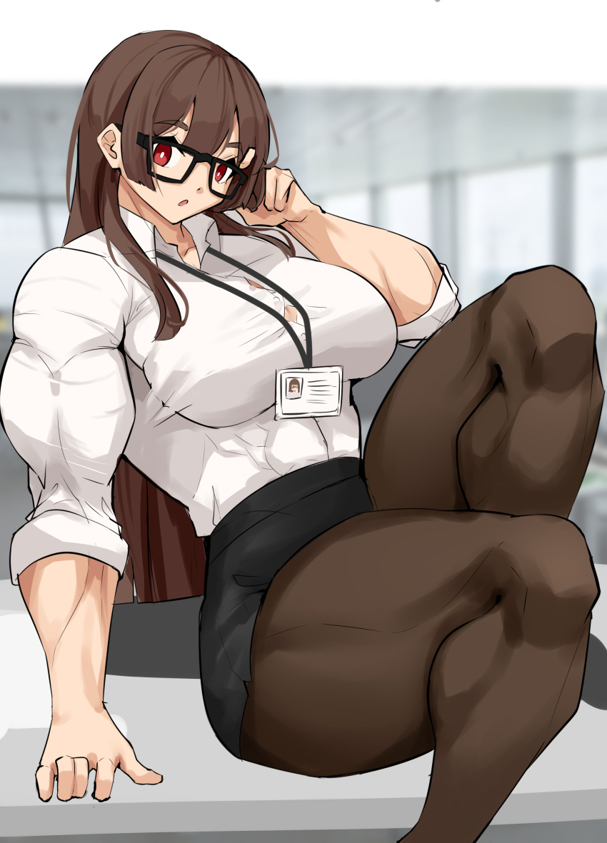 breasts brown_hair busty female glasses large_breasts long_hair looking_at_viewer muscles musctonk muscular muscular_female office office_lady red_eyes solo thick_thighs tight_clothing