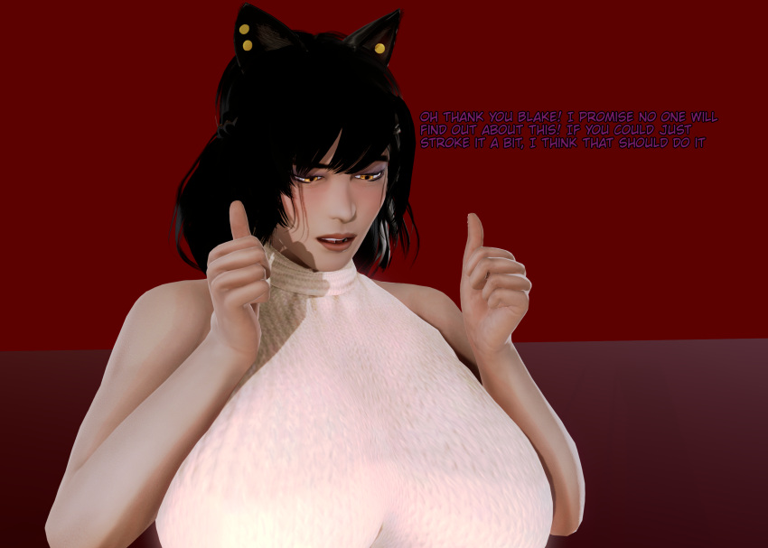 3d animal_ears areolae bare_shoulders catgirl clothed clothing dialogue fully_clothed futa_only futanari happy honey_select humanoid implied_futanari kali_belladonna kemonomimi kirinonsfw light-skinned_futanari light_skin red_background rwby solo standing sweater tagme text turtleneck