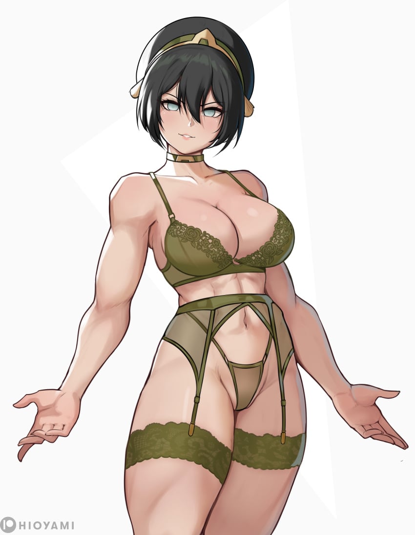 1girl abs absurdres avatar_legends avatar_the_last_airbender bare_shoulders big_breasts black_hair blush bra breasts choker cleavage commentary confident cute garter_belt green_bra green_lingerie green_panties grey_eyes highleg highleg_panties highres hioyami lingerie looking_at_viewer muscle_mommy muscular muscular_female navel panties parted_lips presenting_self pushup_bra short_hair six_pack smile solo the_legend_of_aang thick_thighs thighs tomboy toph_bei_fong toph_beifong underwear young_adult