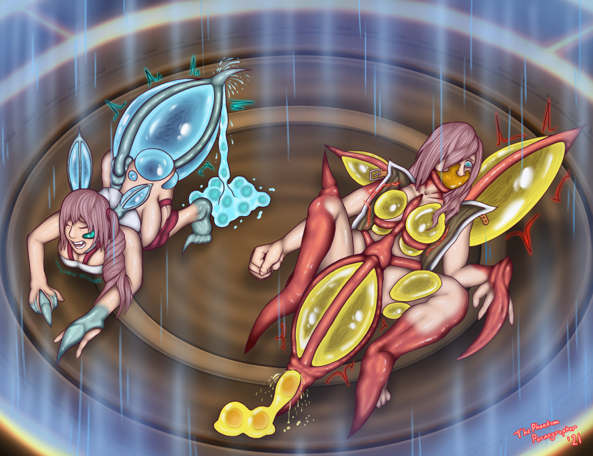 2021 arthropod chelicerata digital_media_(artwork) duo eclair_farron egg egg_laying female final_fantasy final_fantasy_xiii hair hi_res humanoid insects meonekton monstrous_humanoid ovipositor pink_hair serah_farron slime spraying square_enix technology thephantompornographer transformation