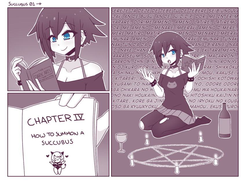 1girls blue_eyes bottle choker clothing comic english_text female female_only inksgirls miniskirt monochrome page_1 pentagram skirt solo solo_female summoning_circle torn_legwear