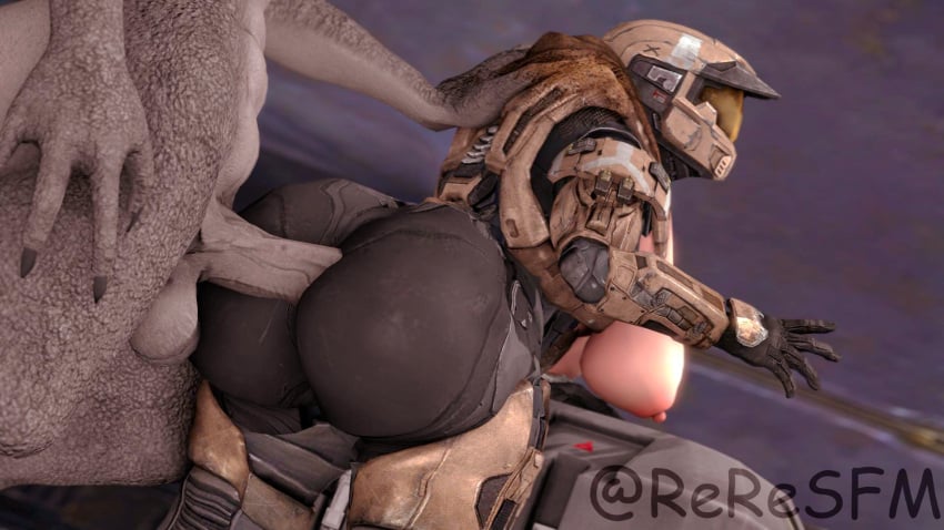 1boy 1girls 3d alien armor big_ass big_breasts big_penis exposed_breasts female_human female_spartan_(halo) forced_in_fabric halo_(series) hand_on_back helmet human interspecies male male_sangheili_(halo) nisha_(reresfm) questionable_consent reresfm sangheili sex_through_clothes spartan_(halo) straight