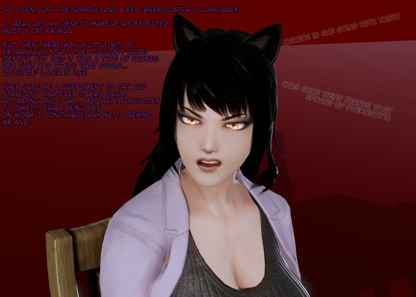 1girls blake_belladonna cat_ears clothed dialogue female female_focus female_only honey_select kali_belladonna kirinonsfw offscreen_character red_background rwby tagme text thinking