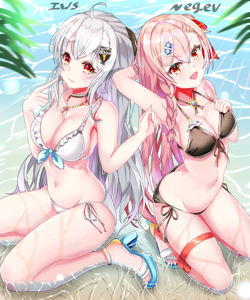 absurdres armpits ass beach bikini black_bikini breasts choker cleavage frilled_panties frills from_above girls'_frontline hair_ornament hair_ribbon hairclip hands_up highres iws-2000_(girls_frontline) jewelry kneeling large_breasts leaf multiple_girls negev_(girls_frontline) pink_hair red_eyes ribbon shoes silver_hair sitting sunlight tia_(4017342) water wet