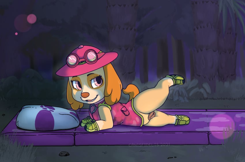 camping canine canine_pussy cockapoo cub domestic_dog female feral googles mammal paw_patrol pink_eyes presenting_pussy semi-anthro skye_(paw_patrol)