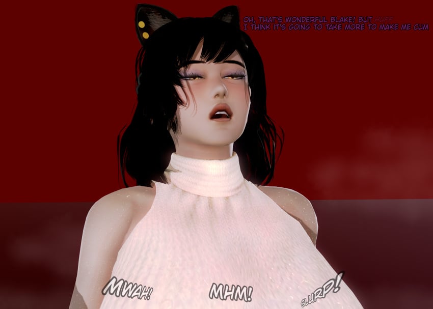 1futa 3d animal_ears areolae bare_shoulders catgirl clothed clothing dialogue fully_clothed futa_only futanari honey_select humanoid implied_futanari kali_belladonna kemonomimi kirinonsfw light-skinned_futanari light_skin milf red_background rwby solo sound_effects standing steam sweater text turtleneck