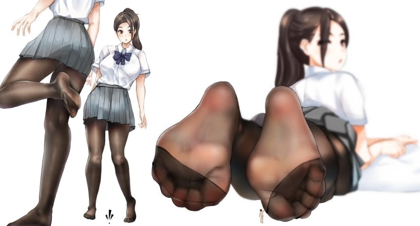 1boy 1girls black_legwear brown_eyes brown_hair feet foot_fetish foot_focus giantess kukoi leggings legwear miniskirt nylons original pale-skinned_female pale_skin pantyhose peeping ponytail school_uniform size_difference skirt soles stockings tall taller_girl toes unaware uniform