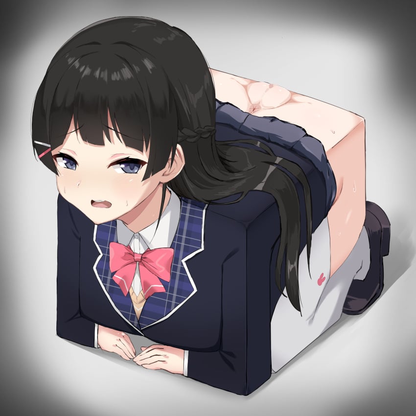 absurdres all_fours anus bangs black_footwear black_hair blazer blue_eyes bow bowtie braid censored collared_shirt cube_transformation eyebrows_visible_through_hair female hair_ornament hairclip highres jacket long_hair mosaic_censoring nijisanji no_pants open_mouth pussy school_uniform shirt shoes solo tamaki_(tamakikan) thighhighs tsukino_mito virtual_youtuber white_legwear white_shirt