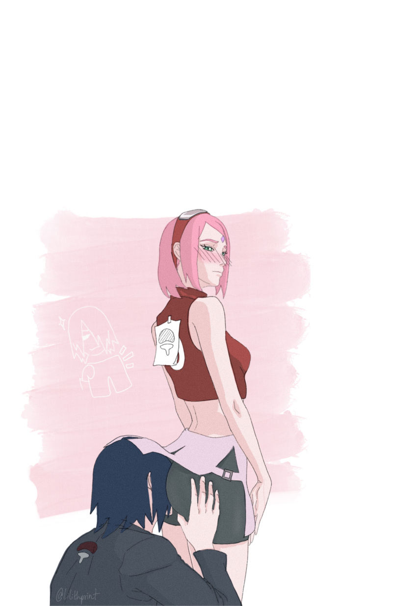 bike_shorts blush blushing boruto:_naruto_next_generations eastern_style face_in_ass facesitting female green_eyes lilithprint male married_couple naruto naruto_shippuden pink_hair sakura_haruno sasuke_uchiha spandex_shorts