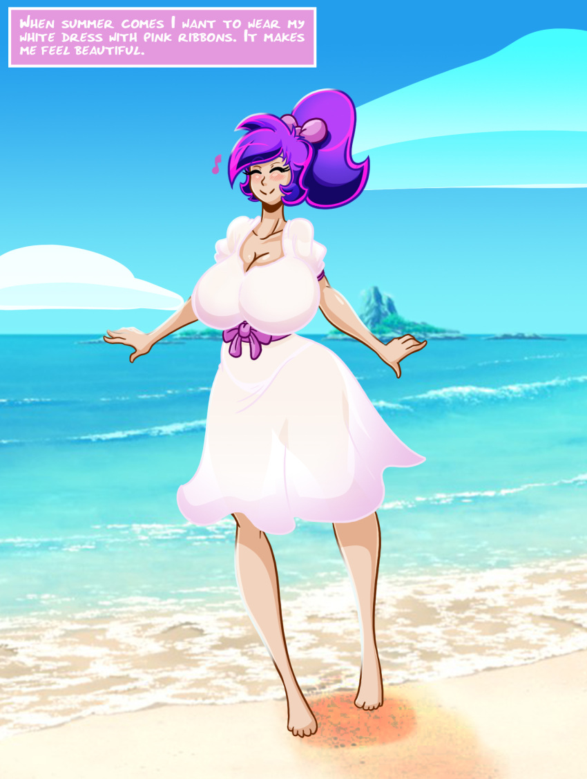 beach closed_eyes dress female female_only hourglass_figure kogeikun panties_visible_through_clothing ponytail purple_hair ribbon smile wendolin white_dress wide_hips