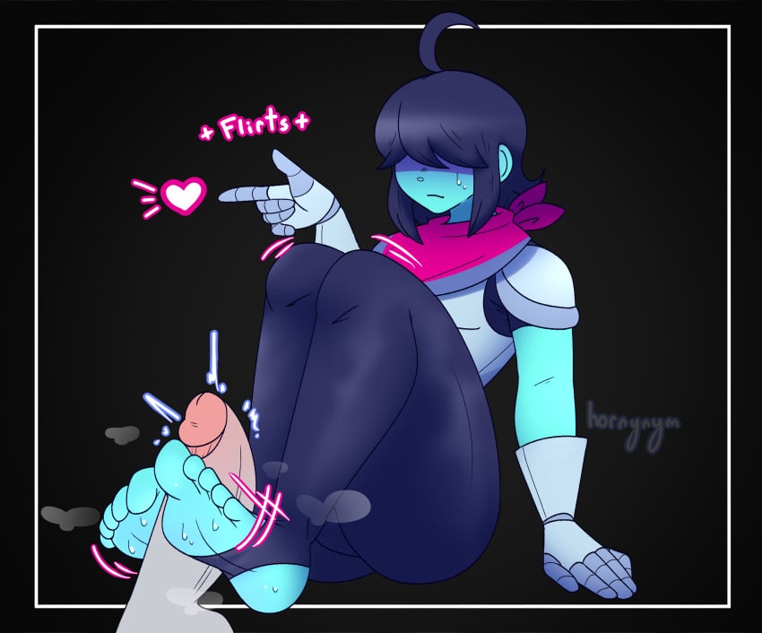 1boy 2021 5_toes absurdres ahoge armor armored_gloves barefoot clothed_sex deltarune expressionless feet foot_fetish foot_focus footjob footjob_with_legwear highres hornynym kris_(deltarune) motion_lines steam stirrup_legwear stirrup_socks sweat tight_clothing tights toes