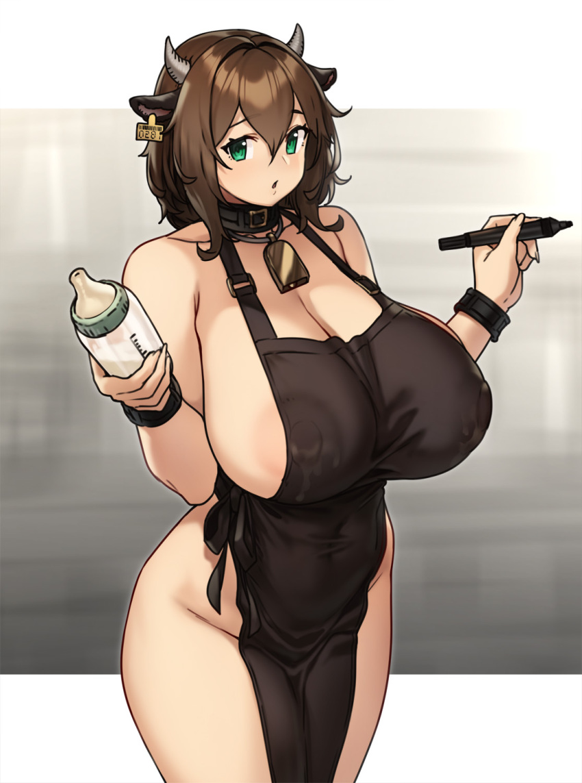 animal_ears apron areola_slip areolae bangs bare_shoulders bell black_apron blush bottle breasts brown_hair cleavage collar collarbone covered_erect_nipples cow_ears cow_girl cow_horns cowbell female green_eyes highres horns houtengeki large_areolae large_breasts looking_at_viewer milk_bottle naked_apron open_mouth original short_hair solo