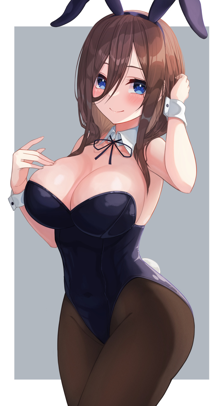 1girls absurdres animal_ears bare_shoulders black_leotard black_ribbon blue_eyes border breasts brown_hair bunny_ears bunny_girl bunny_tail bunnysuit busty cleavage commentary cowboy_shot curvaceous curvy curvy_body curvy_figure cute cute_face detached_collar eastern_style go-toubun_no_hanayome grey_background hair_between_eyes highres hiyoku hourglass_figure large_breasts legwear leotard light-skinned_female light_skin long_hair nakano_miku neck_ribbon pantyhose playboy_bunny rabbit_ears rabbit_tail ribbon shiny shiny_hair shiny_skin smile solo standing strapless strapless_leotard tail two-tone_background white_border wide_hips wrist_cuffs