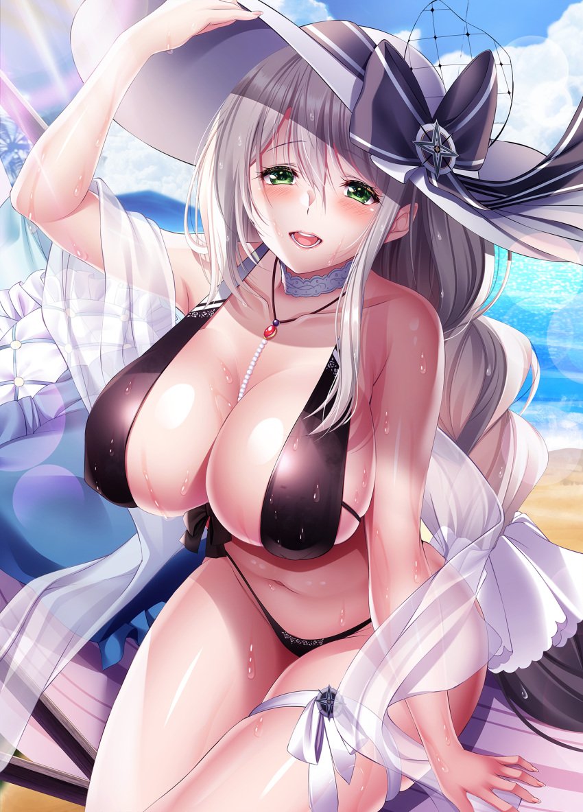 1girls 2021 aquila_(a_sip_of_sardegnian_elegance)_(azur_lane) aquila_(azur_lane) azur_lane bangs bare_arms beach bikini black_bikini blue_sky braid breasts choker cleavage cloud collarbone covered_nipples day eyebrows_visible_through_hair female female female_focus female_only green_eyes hair_ornament hair_ribbon hat highres jewelry large_breasts lens_flare long_hair mountainous_horizon navel necklace ocean official_alternate_costume open_mouth outdoors ribbon silver_hair sitting sky smile solo solo_female sun_hat swimsuit teeth thigh_strap thighs wet yuuzuki_hijiri