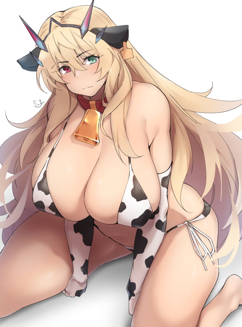 1girls animal_ears animal_print bangs bare_shoulders barghest_(gawain)_(fate) bell bikini blonde_hair breasts cleavage collar cow_ears cow_print cowbell elbow_gloves fake_animal_ears fate/grand_order fate_(series) female gloves heterochromia highres horns kuronyan large_breasts long_hair looking_at_viewer neck_bell sitting swimsuit thighhighs thighs wariza white_bikini white_gloves white_legwear