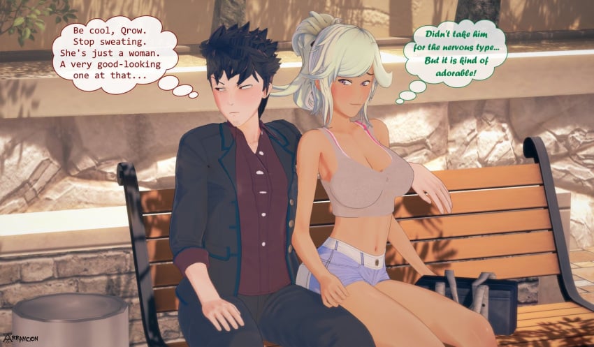 3d arrancon bench black_hair dark-skinned_female date koikatsu pixiv qrow_branwen red_eyes robyn_hill rwby silver_hair skimpy_clothes spiky_hair thought_bubbles