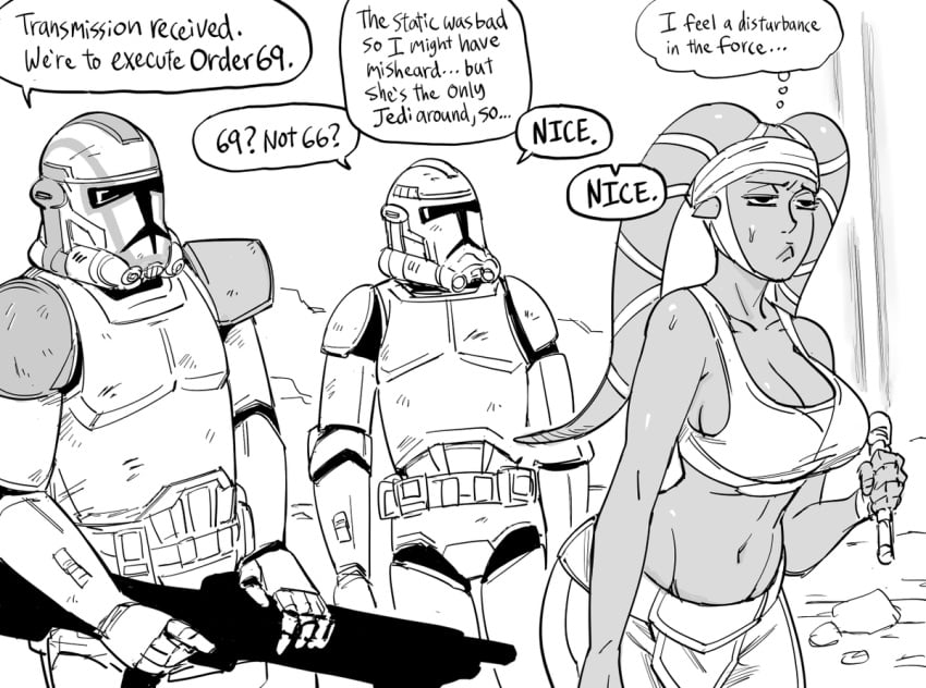 1girls 2boys aayla_secura alien alien_girl armor ass bb_(baalbuddy) belt big_breasts black_and_white blaster breasts cleavage clone_trooper clothed dialogue english_text felucia female female_focus fully_clothed gun half-closed_eyes helmet holding_object holding_sword holding_weapon human humanoid imminent_rape imminent_sex jedi jedi_master lightsaber loincloth male melee_weapon monochrome multiple_boys navel one_sleeve_off order_69 outside pants ranged_weapon revenge_of_the_sith rifle science_fiction shirt source_request speech_bubble standing star_wars stomach straight sweat sword text thighs twi'lek weapon