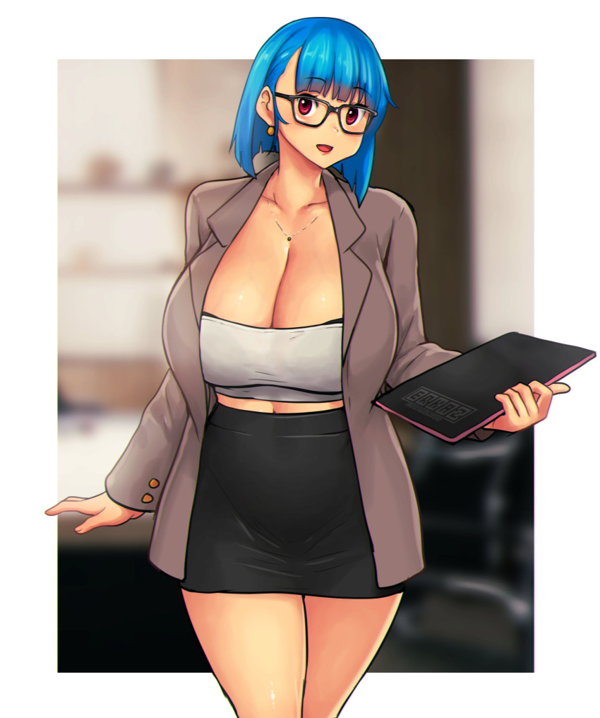 1girls bangs black-framed_eyewear black_bra black_skirt blue_hair blurry blurry_background border bra breasts brown_jacket bursting_breasts busty cleavage collarbone curvy enormous_breasts errorkazoo eye_contact facing_viewer glasses hair_behind_ear high_resolution highres huge_breasts jacket jewelry looking_at_viewer medium_hair microskirt miniskirt navel necklace office office_lady open_mouth original original_character red_eyes rina_atherina_(errorkazoo) see-through short_hair skirt tank_top top_heavy voluptuous white_border white_tank_top