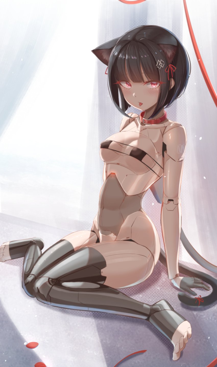 android animal_ear_fluff animal_ears bangs bare_shoulders barefoot bikini bikini_top black_hair blunt_bangs bob_cut breasts can_zhu cat_ears cat_tail collar collarbone eyebrows_visible_through_hair eyepatch_bikini female full_body highres mecha_musume medium_breasts navel original pink_eyes short_hair sitting solo swimsuit tail toes wariza