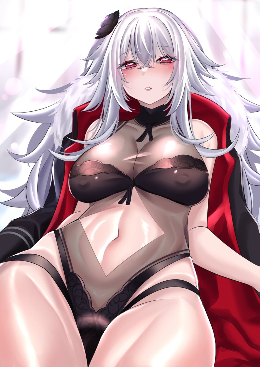 1girls 2021 azur_lane bangs bare_arms bare_shoulders black_coat blush breasts cleavage coat collarbone covered_nipples cowboy_shot eastern_style eyebrows_visible_through_hair female female_focus female_only fur_trim graf_zeppelin_(azur_lane) graf_zeppelin_(beachside_urd)_(azur_lane) hair_between_eyes hair_ornament highres keishi_surota large_breasts long_hair looking_at_viewer navel official_alternate_costume parted_lips red_eyes see-through silver_hair solo solo_female swimsuit