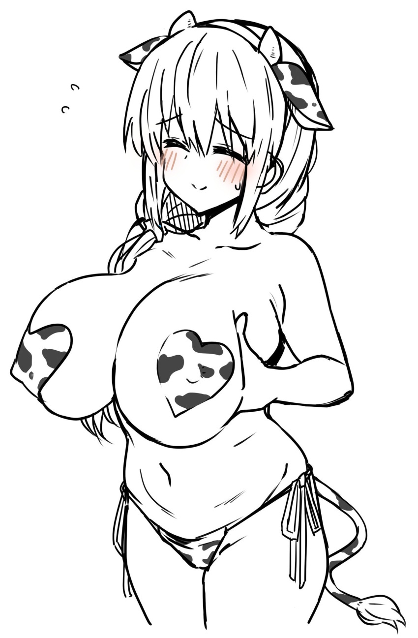 big_breasts bikini blush cow_pasties cow_print hands_on_own_chest heart_pasties milf momoiro_tunozemi mother pasties presenting_breasts thick_thighs uzaki-chan_wa_asobitai! uzaki_tsuki