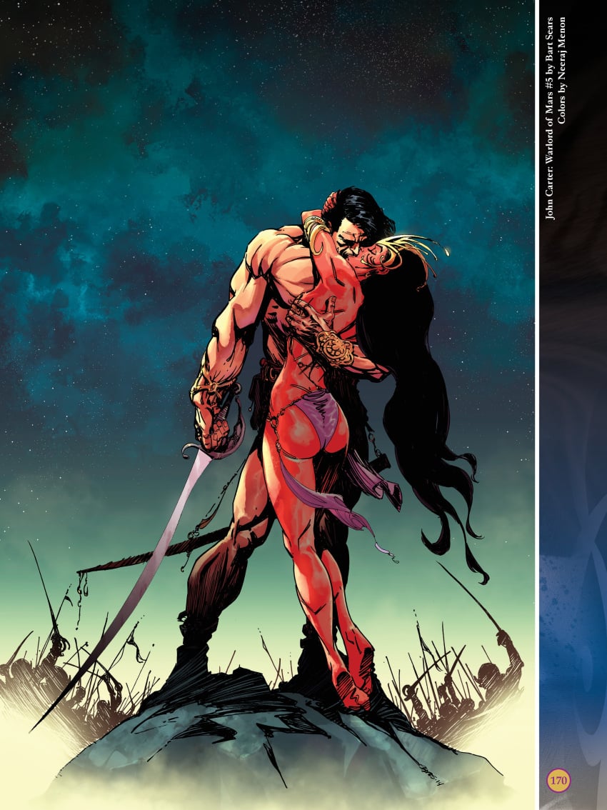 1boy 1boy1girl 1girls a_princess_of_mars ass barsoom bart_sears bikini_bottom black_hair bracelet bubble_butt canon_couple closed_eyes dejah_thoris embrace holding_weapon john_carter john_carter_of_mars kissing long_hair making_out martian neeraj_menon official_art pink_skin royalty sword