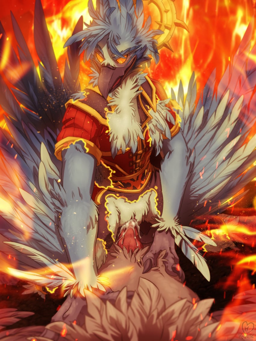 anthro arakkoa avian burning clothed clothing cowgirl_position cum cum_in_pussy cum_inside domination duo female femdom fire hand_on_chest hi_res howlite male on_top open_mouth partially_clothed penetration pussy sex smile straight vaginal_penetration video_games warcraft