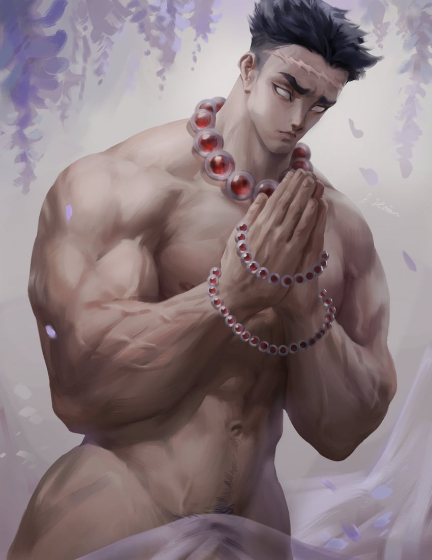 azalien bara bich_hoan bichhoan black_hair convenient_censoring demon_slayer facial_scar gay happy_trail himejima_gyomei kimetsu_no_yaiba male male_only male_pubic_hair muscular muscular_male necklace nude painting_(artwork) petals prayer_beads pubic_hair pubic_hair_peek realistic rosary scar solo thick_eyebrows veiny_muscles white_eyes wisteria_(flower) yaoi