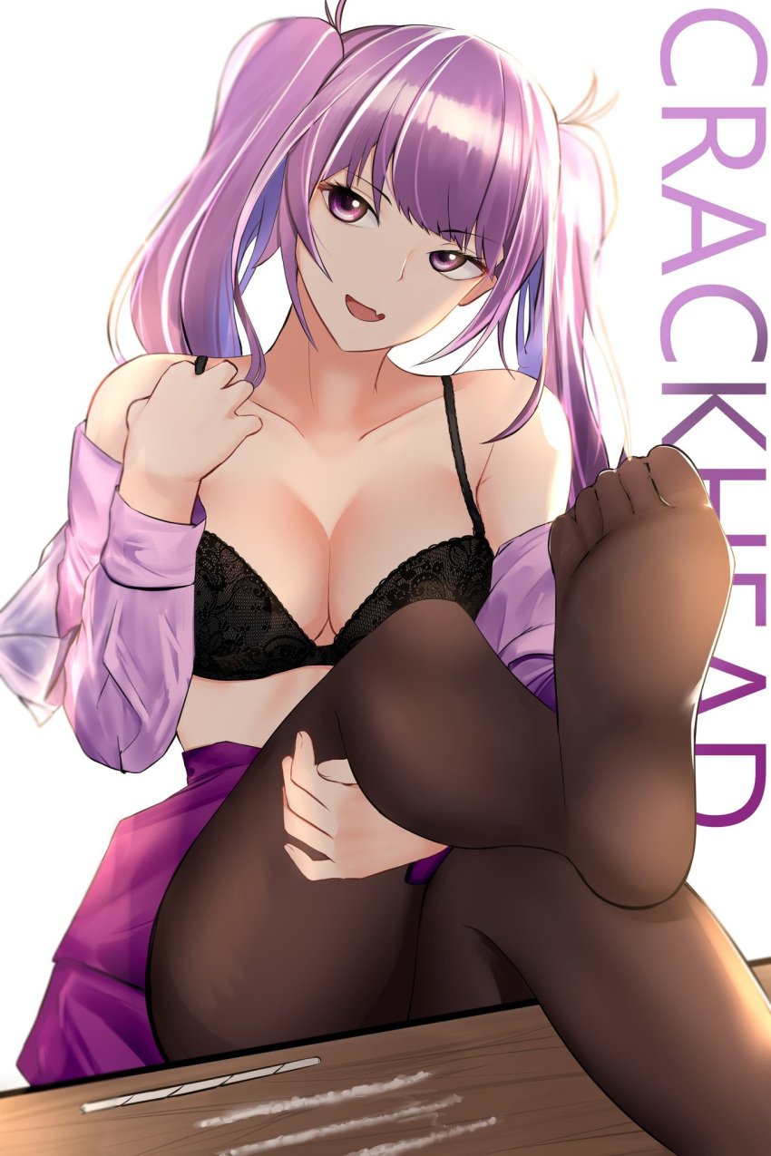 black_bra bra bralette cleavage cocaine feet feet_up looking_at_viewer otachan purple_eyes purple_hair see-through skirt tagme the_otachan_show tights twintails