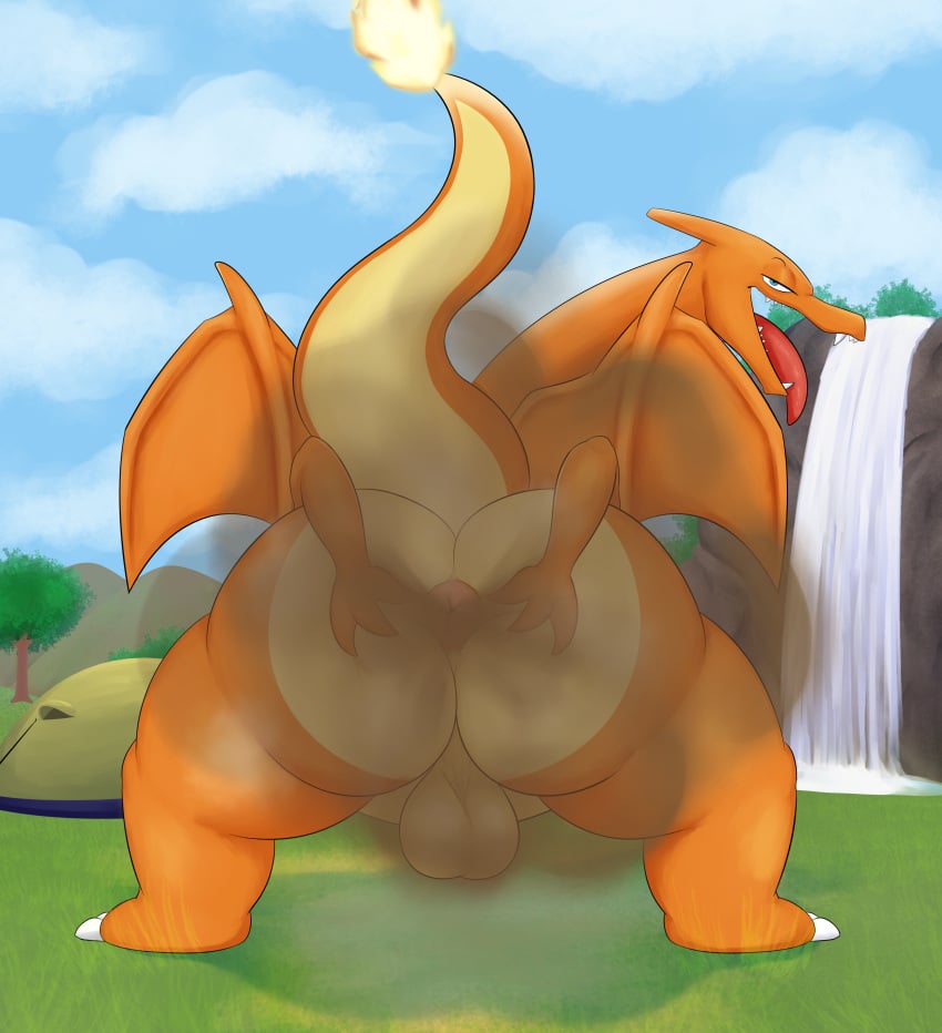 absurd_res anthro anus ass balls bedroom_eyes big_butt blue_eyes camp charizard cloud day detailed_background fart fart_cloud farting_at_viewer fire genitals grass hi_res kiffy_(artist) looking_at_viewer looking_back looking_pleasured male mountain musk musk_clouds narrowed_eyes nintendo orange_body outside plant pokémon_(species) pokemon pokemon_(species) pokemon_camp presenting presenting_anus rock seductive shrub solo spread_anus spread_butt spreading thick_thighs tongue tongue_out tree video_games water waterfall wings yellow_body