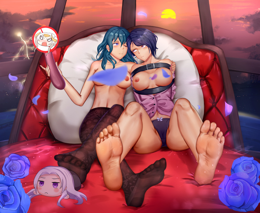 2girls angry arm_around_shoulders arms_behind_back bare_legs bare_shoulders barefoot bdsm black_panties blue_eyes blue_hair blush_stickers bondage bound breasts breasts_out byleth_(fire_emblem) byleth_(fire_emblem)_(female) collarbone convenient_censoring dildo feet female_only femdom femsub fire_emblem fire_emblem:_three_houses frown large_breasts leggings looking_at_another medium_hair multiple_girls nintendo nipples off_shoulder on_bed one_eye_closed panties pantyhose partially_visible_vulva pillow plushie purple_eyes sex_toy shamir_nevrand shirt short_hair soles sun sunset teal_hair toes topless yuehei_dao yuri